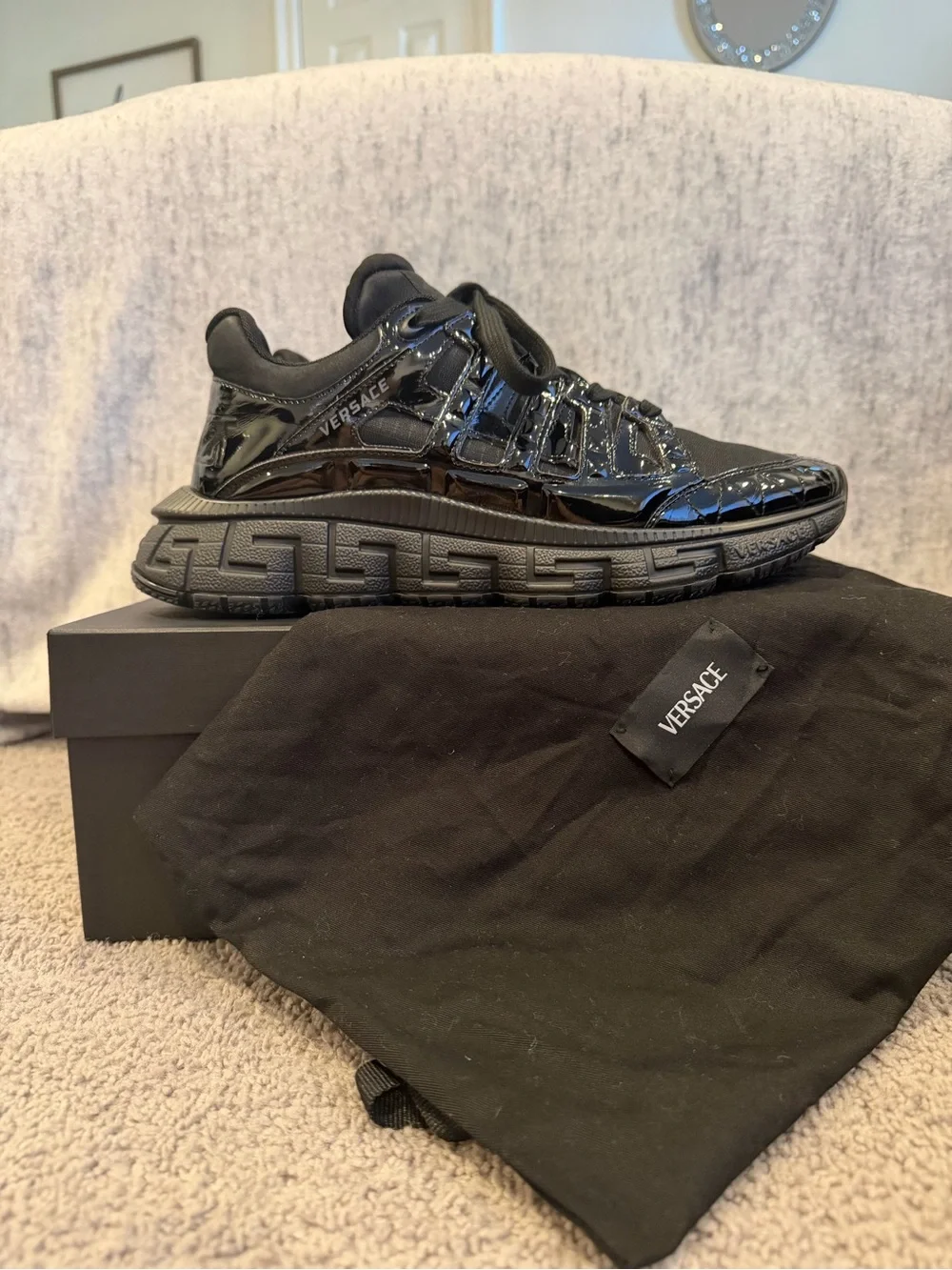 Versace Black Glossy Patent Leather TRIGRECA Sneakers
